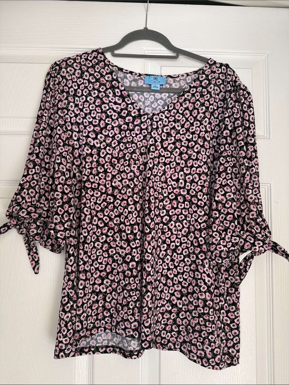 CeCe Black and Pink Floral Tie-Sleeve Blouse